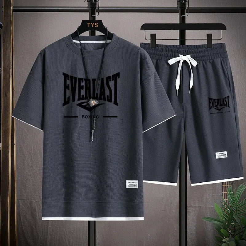 2026 Men's summer suit high quality round neck men's T-shirt 2 pieces shorts running quick dry leisure quick dry.