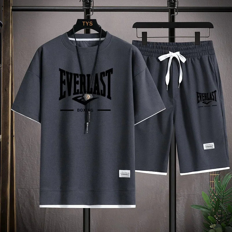 2026 Men's summer suit high quality round neck men's T-shirt 2 pieces shorts running quick dry leisure quick dry.