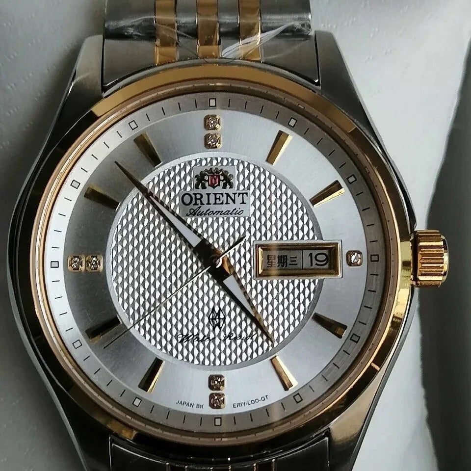 Orient Two-Tone Automatic Watch Multi-Color Dial Roman Numerals Day-Date Steel Band 50M Water Resistant Men's Classic Wristwatch