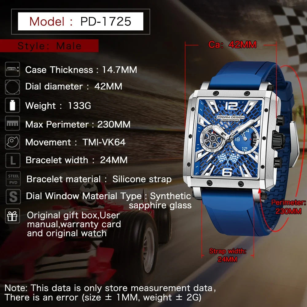 2026 New Pagani Design PD1725 Men Square Quartz Watch Chronograph 42MM Sapphire Glass Waterproof Racing Sports Silicone reloj