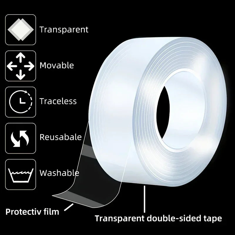 Nano cinta adhesiva de doble cara Extra fuerte, transparente, sin rastro, reutilizable, impermeable, para el hogar, 5m/3/2m/1m
