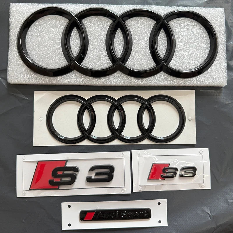 2PCS 4Ring logo ABS Black Car Hood Front Grill Emblem Rear Trunk Badge Sticker 2P S3 1P Audi Sport For AUDI S3 2010-2020