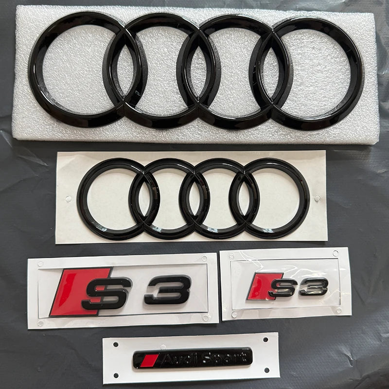 2PCS 4Ring logo ABS Black Car Hood Front Grill Emblem Rear Trunk Badge Sticker 2P S3 1P Audi Sport For AUDI S3 2010-2020