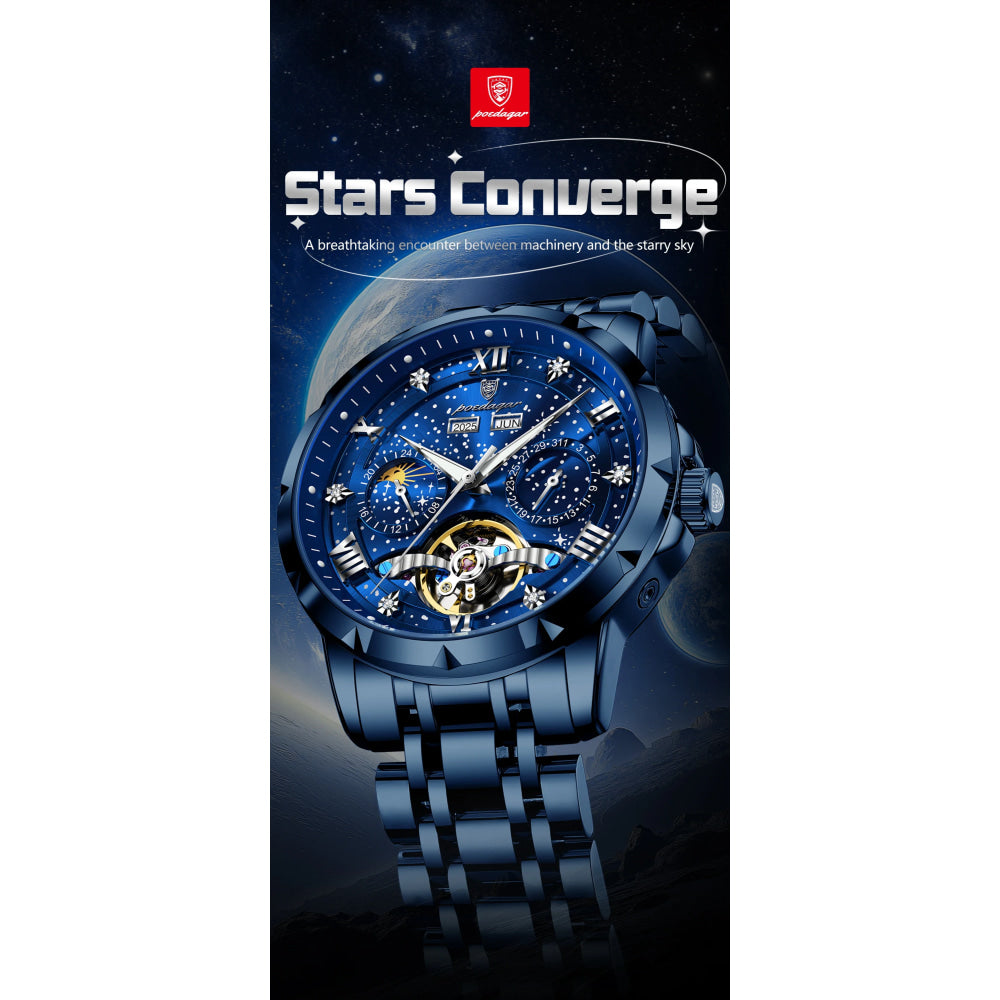 POEDAGAR Luxury Men Wristwatch Fashion Date Hollow Tourbillon Man Clock Automatic Mechanical Stainless Steel Men's Watches Reloj