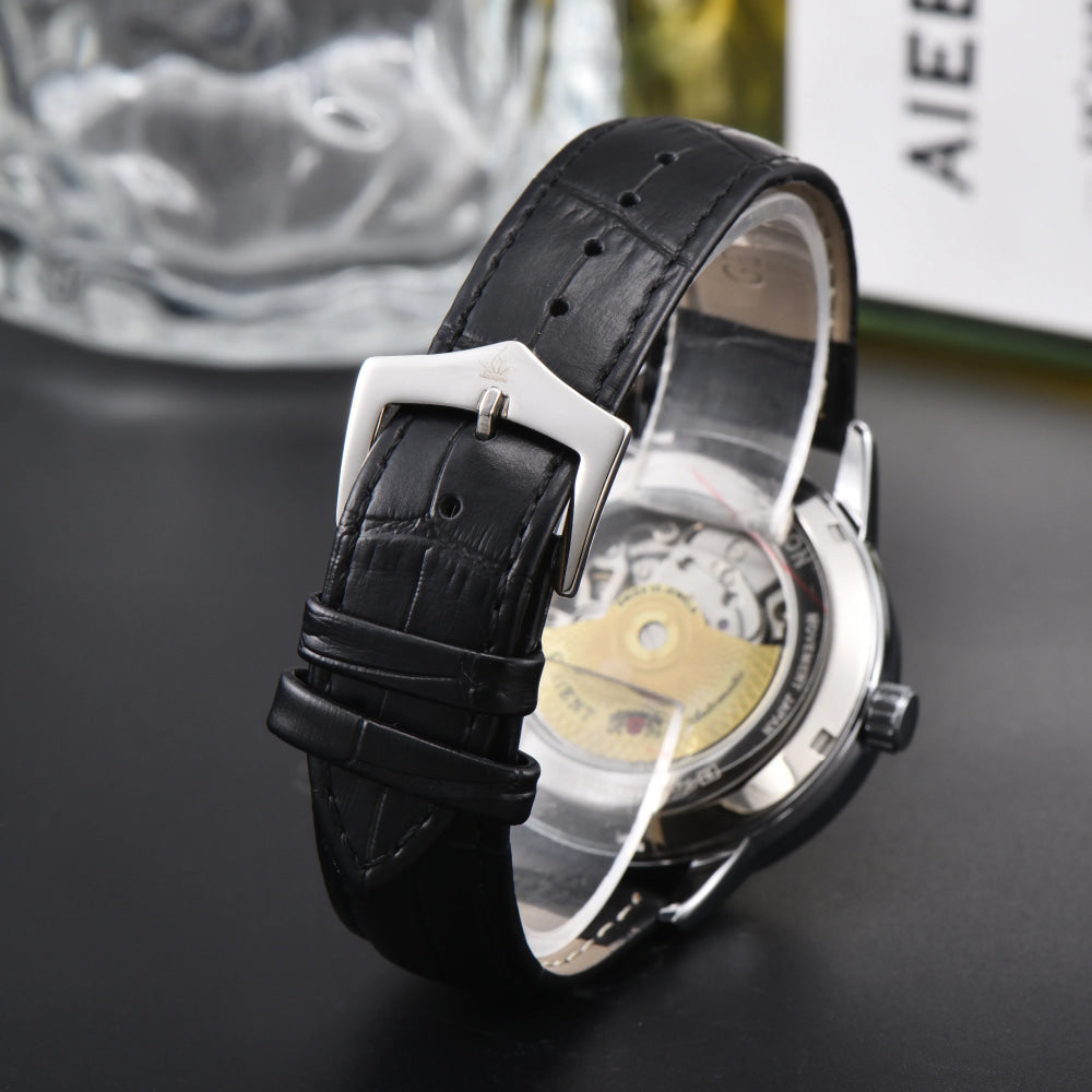 Reloj Automático Orient Sun & Moon semiesqueleto para hombre, esfera blanca, correa de cuero negro, cristal de zafiro, reloj de vestir resistente al agua hasta 50M