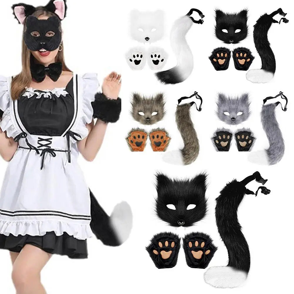 Guantes de máscara de cola de piel esponjosa, guantes de manos con patas de gato y máscara de lobo Therian, conjunto para disfraz de Halloween, accesorios para fiesta