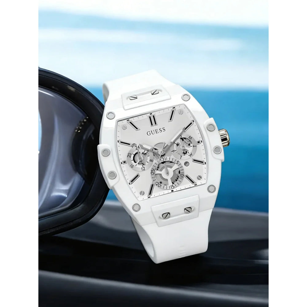 GUESS Watches for Men Original Luxury Skeleton White Tonneau Multifunction Quartz Chronograph Silicone Strap Fashion Sport Wrist