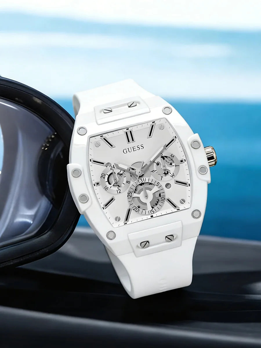 GUESS Watches for Men Original Luxury Skeleton White Tonneau Multifunction Quartz Chronograph Silicone Strap Fashion Sport Wrist