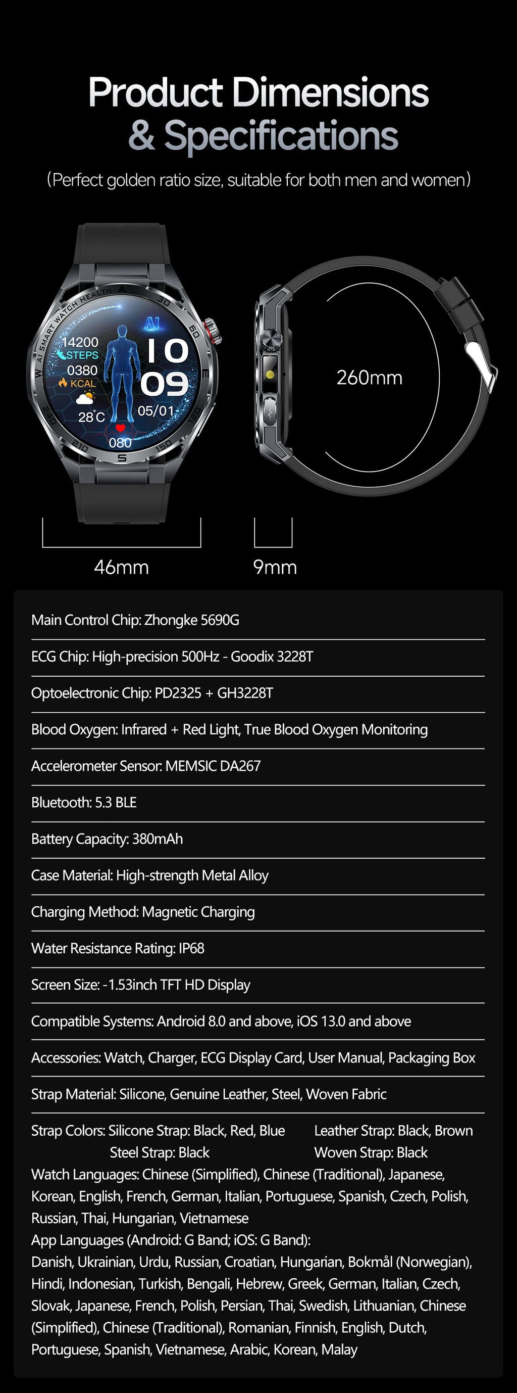 2026 New ECG AI Health Smartwatch for Men 1.53"AMOLED BP/Heart Rate Monitor BT Call IP68 Waterproof Smart Watch for Android IOS