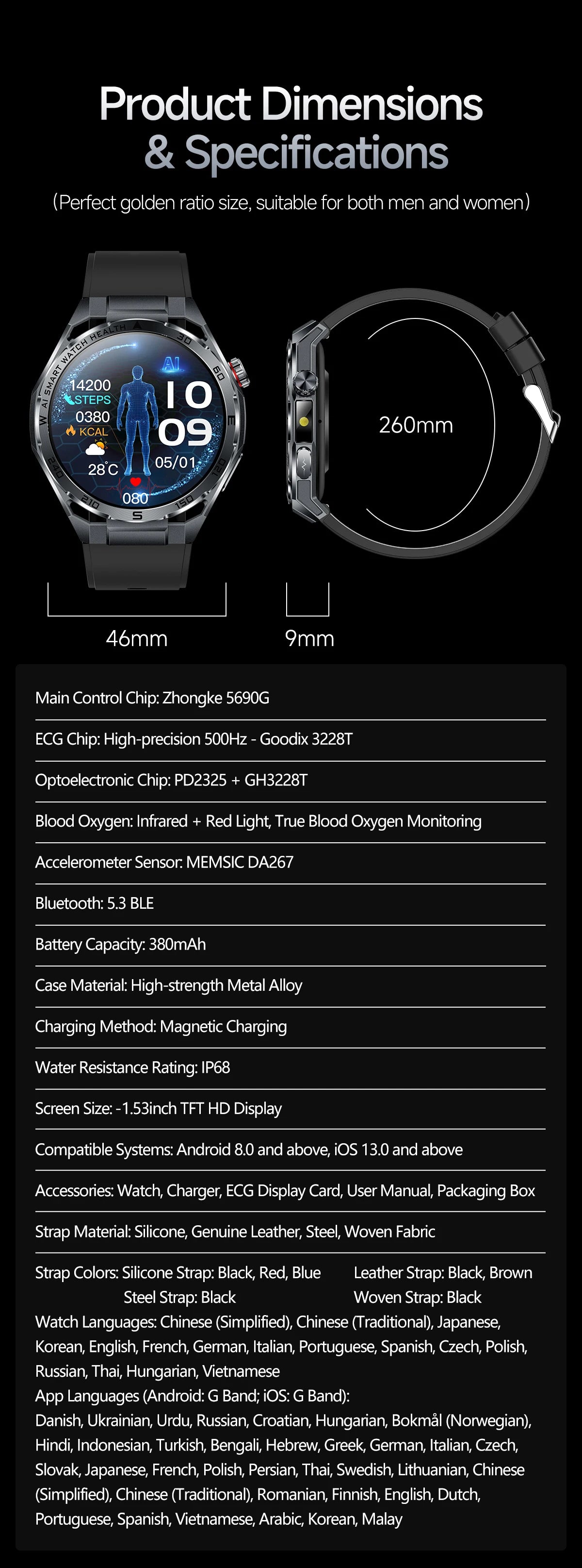 2026 New ECG AI Health Smartwatch for Men 1.53"AMOLED BP/Heart Rate Monitor BT Call IP68 Waterproof Smart Watch for Android IOS
