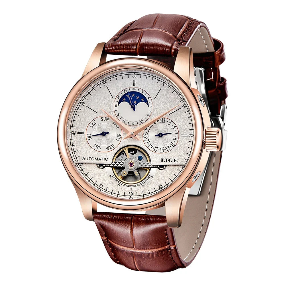 LIGE Brand Classic Mens Retro Watches Automatic Mechanical Watch Tourbillon Clock Genuine Leather Waterproof Military Wristwatch