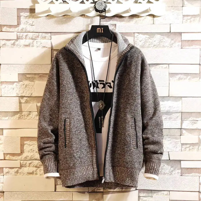 Autumn and Winter New Fleece Thicken Large Size Casual Loose Sweater Men's Jacket Stand-up Collar Cardigans