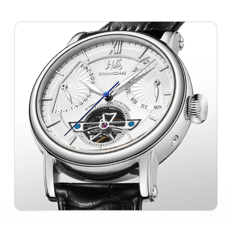 Shanghai Watch Skeletonized Flywheel Men's Mechanical Watch 42mm Automatic Watches Retrograde Calendar Sapphire Wristwatch S8924