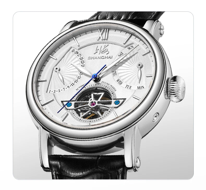 Shanghai Watch Skeletonized Flywheel Men's Mechanical Watch 42mm Automatic Watches Retrograde Calendar Sapphire Wristwatch S8924