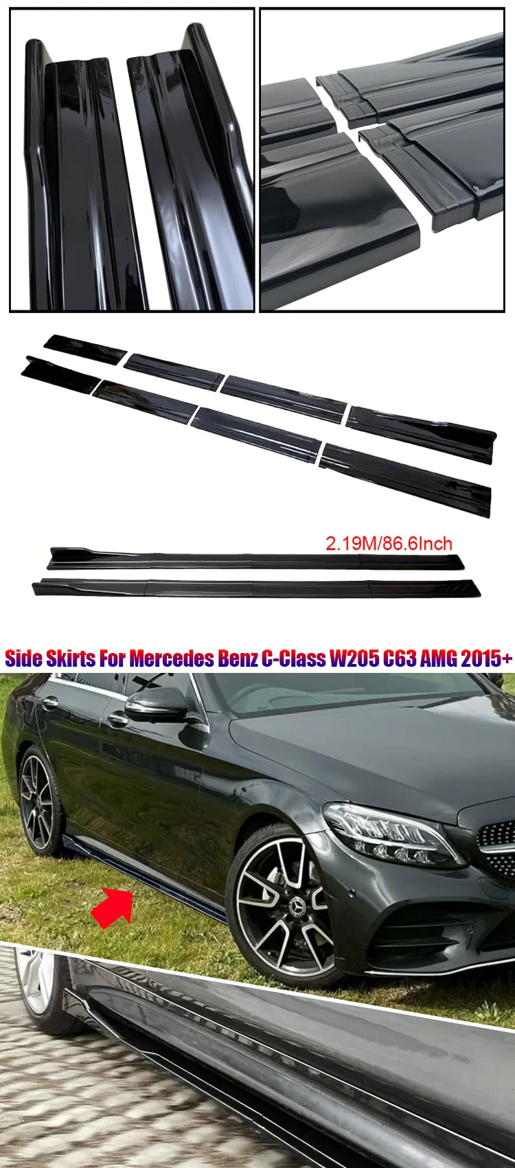 For 2015+ Mercedes-Benz Accessories W205 C63 C43 4Doors AMG C-Class Side Skirt Extension Diffusor 8Pcs ABS Lip