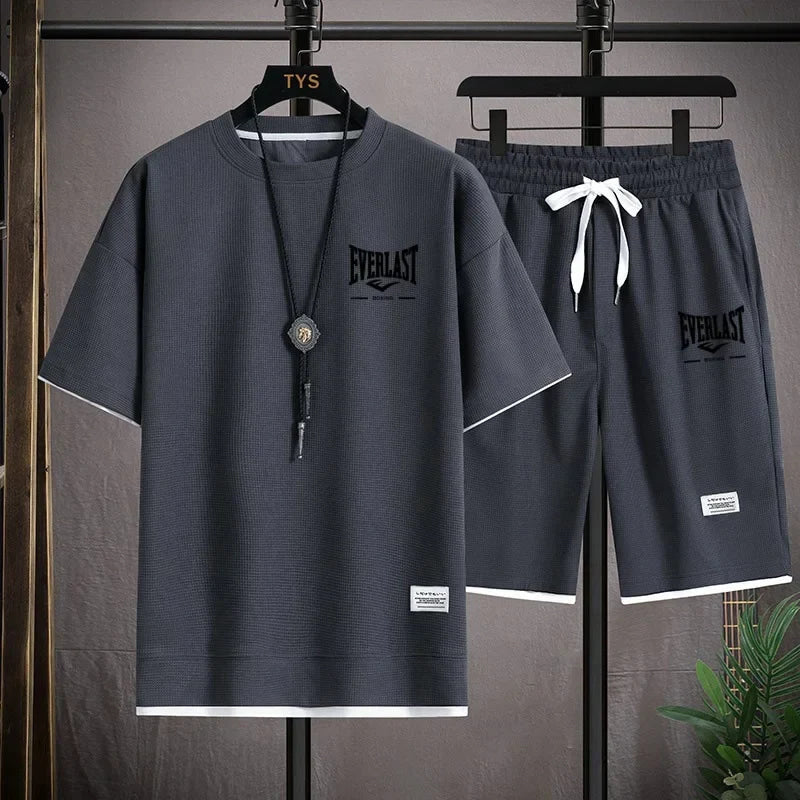 2026 Men's summer suit high quality round neck men's T-shirt 2 pieces shorts running quick dry leisure quick dry.