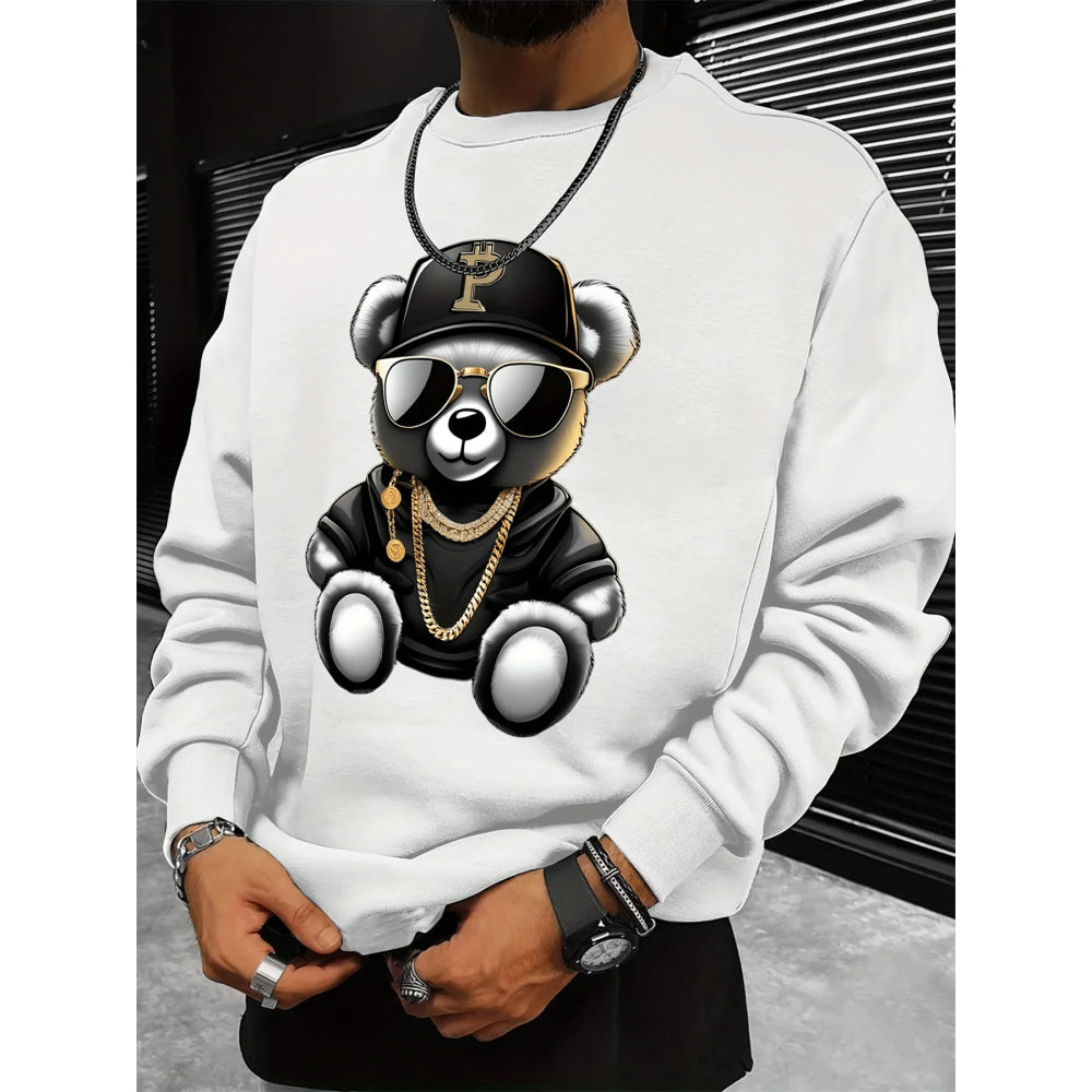 Men's autumn and winter fashionable casual loose cool bear cartoon graphic print fleece long sleeved round neck sweatshirt