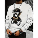 Men's autumn and winter fashionable casual loose cool bear cartoon graphic print fleece long sleeved round neck sweatshirt