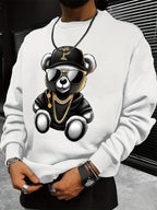 Men's autumn and winter fashionable casual loose cool bear cartoon graphic print fleece long sleeved round neck sweatshirt