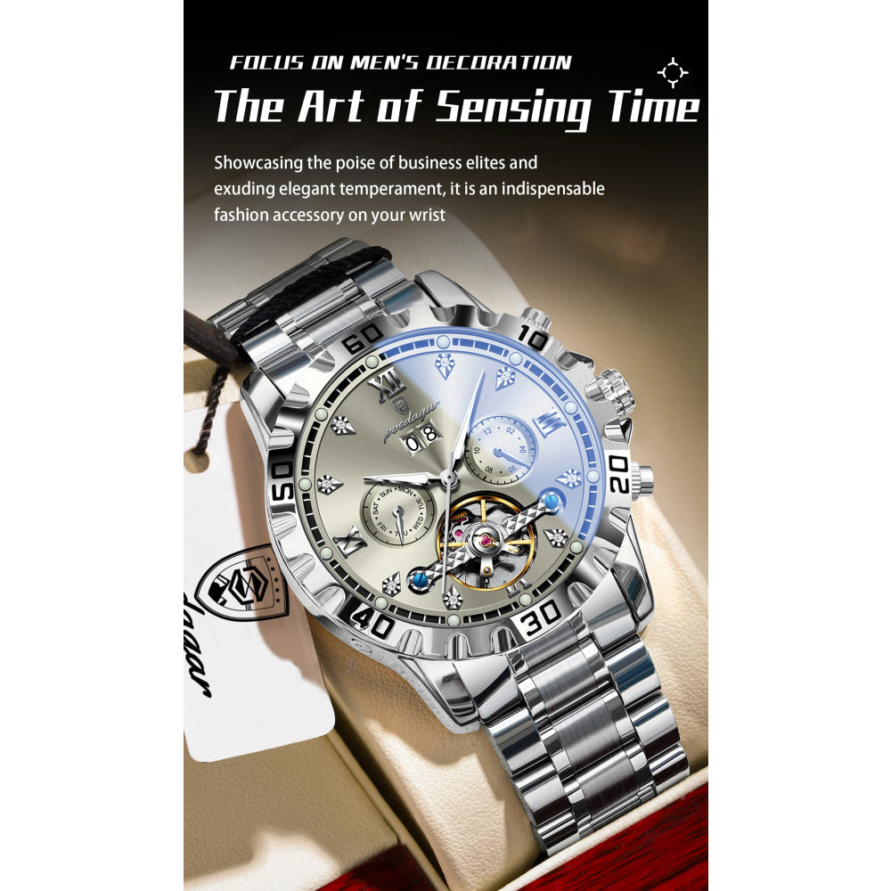 POEDAGAR Luxury Men Wristwatch Hollow Tourbillon Luminous Date Week Man Clock Automatic Mechanical Stainless Steel Men's Watches