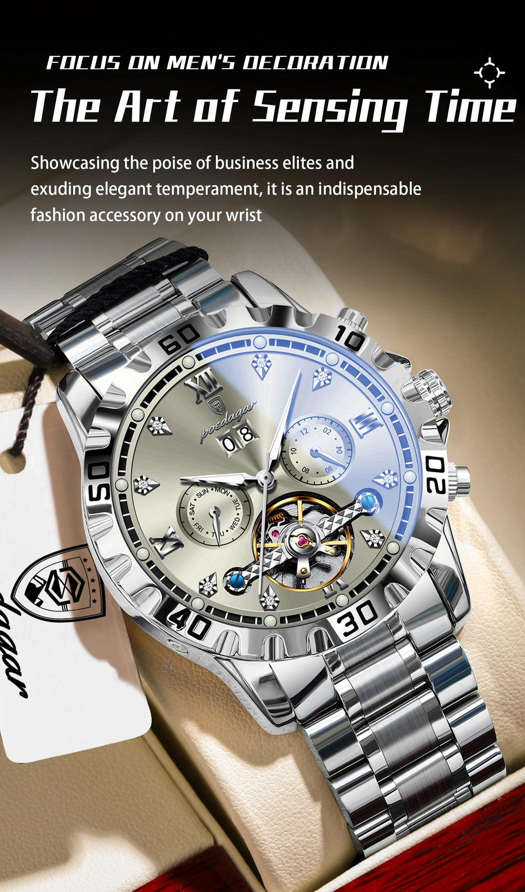 POEDAGAR Luxury Men Wristwatch Hollow Tourbillon Luminous Date Week Man Clock Automatic Mechanical Stainless Steel Men's Watches