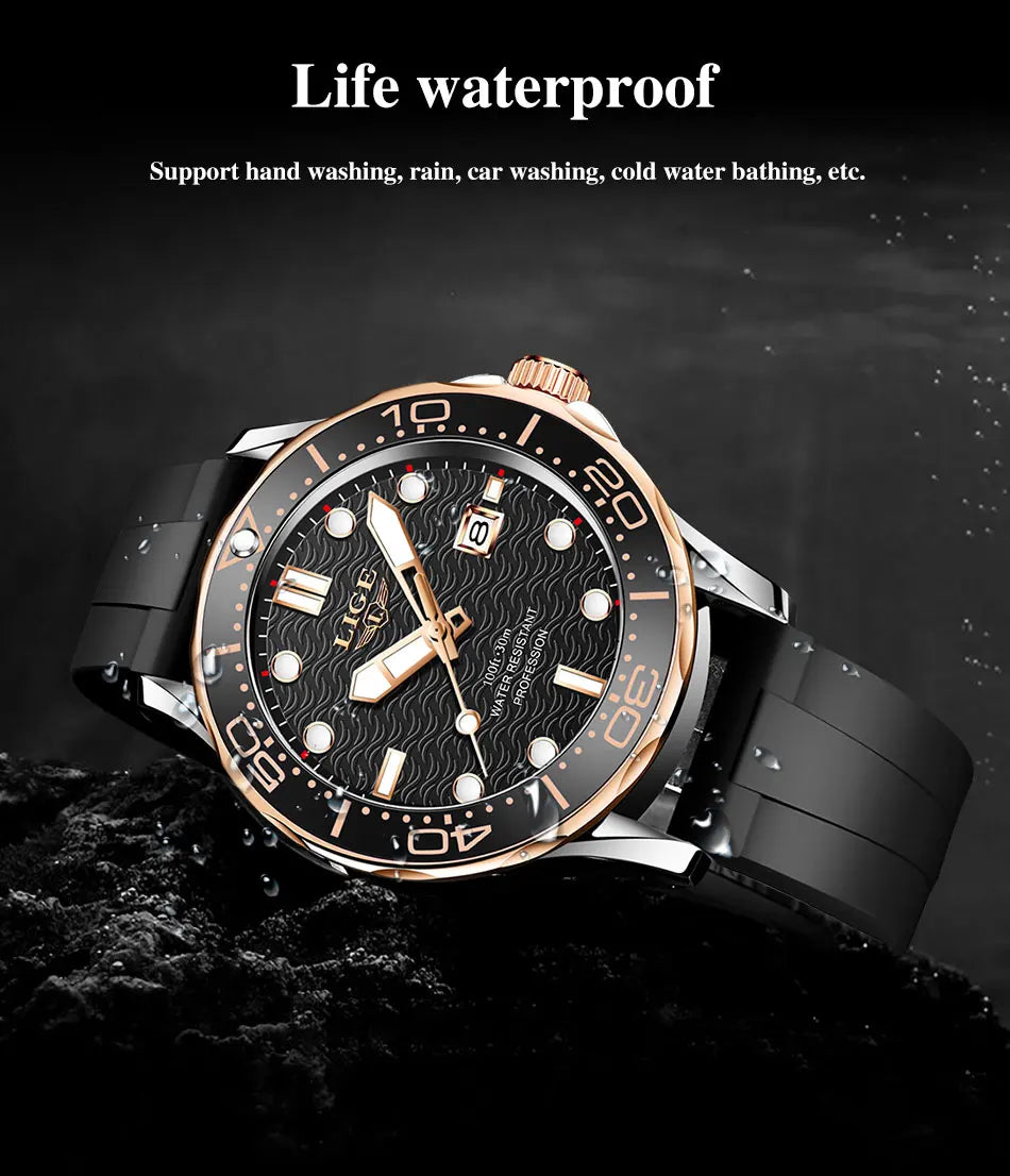 LIGE Men Watch Business Date Watch for Men Luxury Sport Quartz Watches Waterproof Luminous Silicone Wristwatch Relogio Masculino