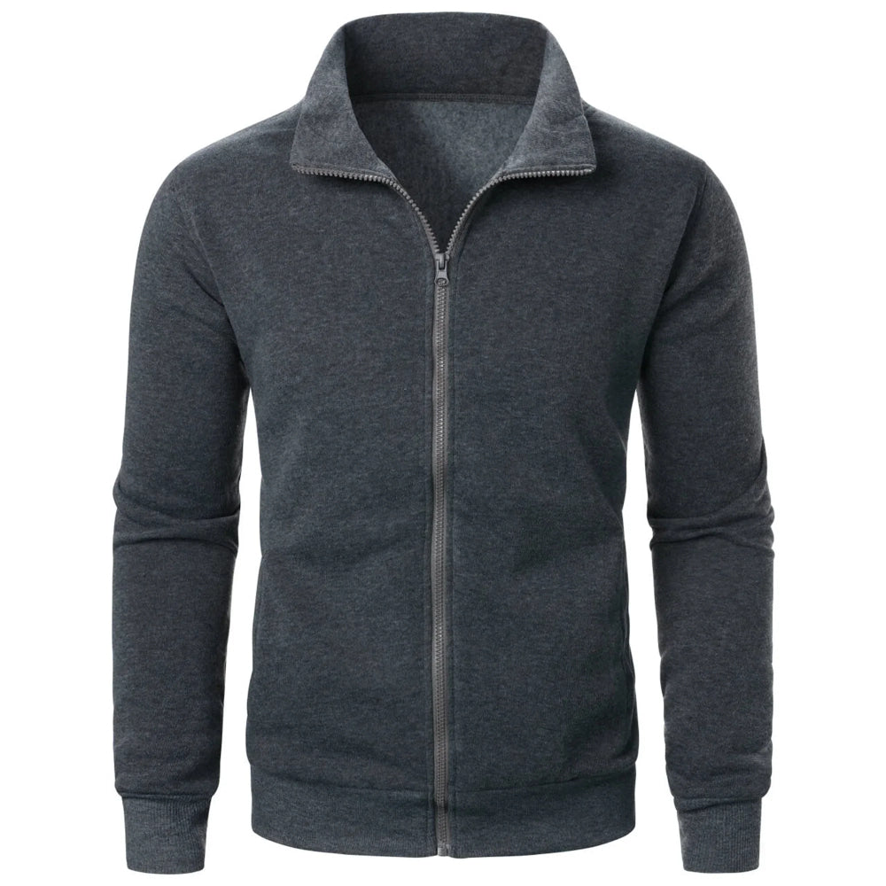 Chaqueta deportiva informal con cuello levantado y cremallera para hombre, top de color sólido para hombre