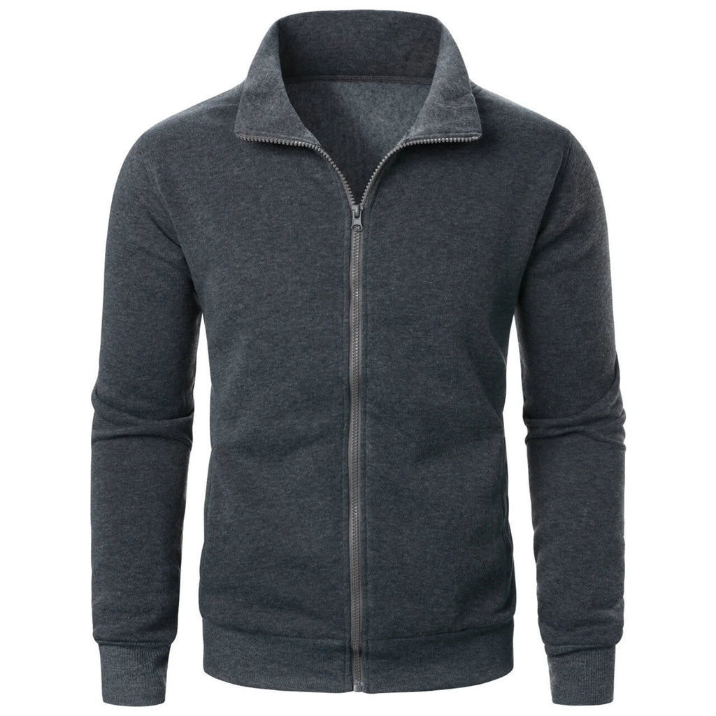 Chaqueta deportiva informal con cuello levantado y cremallera para hombre, top de color sólido para hombre