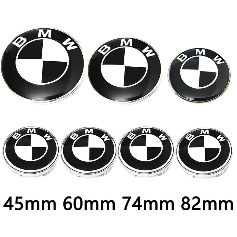 Car Black White BMW Logo Front Hood Emblem 82mm Rear Badge 74mm Wheel Hub Cap 60mm steering wheel sticker 45mm Accessories