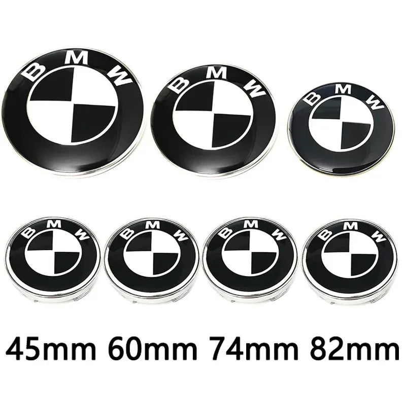 Car Black White BMW Logo Front Hood Emblem 82mm Rear Badge 74mm Wheel Hub Cap 60mm steering wheel sticker 45mm Accessories