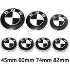 Car Black White BMW Logo Front Hood Emblem 82mm Rear Badge 74mm Wheel Hub Cap 60mm steering wheel sticker 45mm Accessories