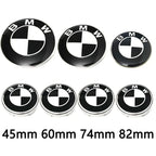 Car Black White BMW Logo Front Hood Emblem 82mm Rear Badge 74mm Wheel Hub Cap 60mm steering wheel sticker 45mm Accessories