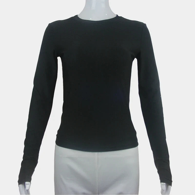 Ropa de mujer, camiseta de manga larga, Tops ajustados, camiseta ajustada de punto con cuello redondo para mujer, ropa de calle 2024, nuevo 2408