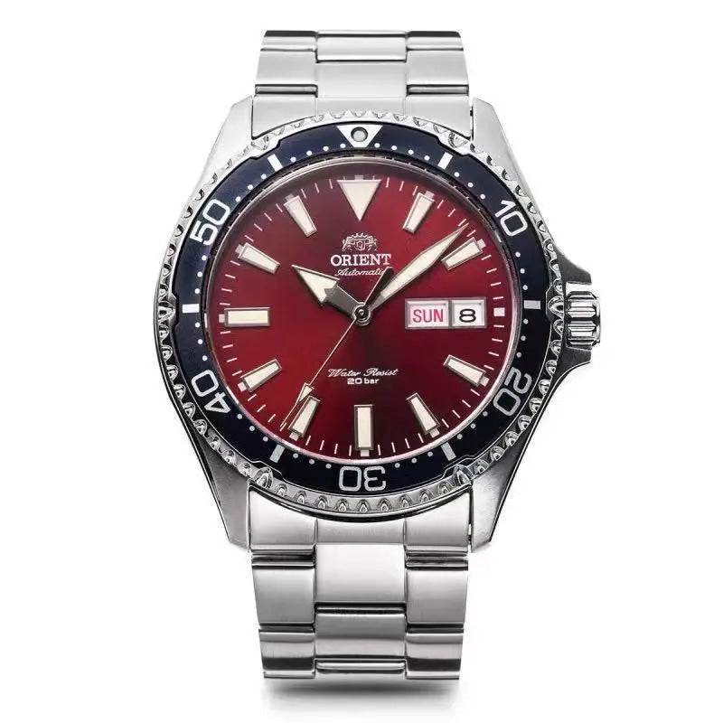 Orient Automatic Mechanical Diver Watch for Men 200M Waterproof Red Dial Stainless Steel Band Day Date Display Sport Wristwatch