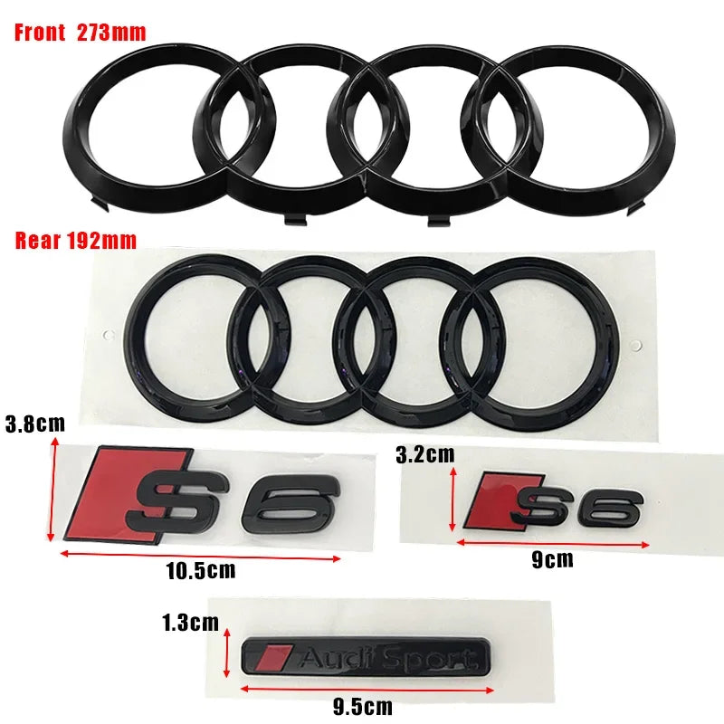 273mm 192mm Car Styling Hood Front Bonnet Grill Rear Trunk Emblem Badge Stickers Glossy Black Accessories For Audi S6 2020-2023