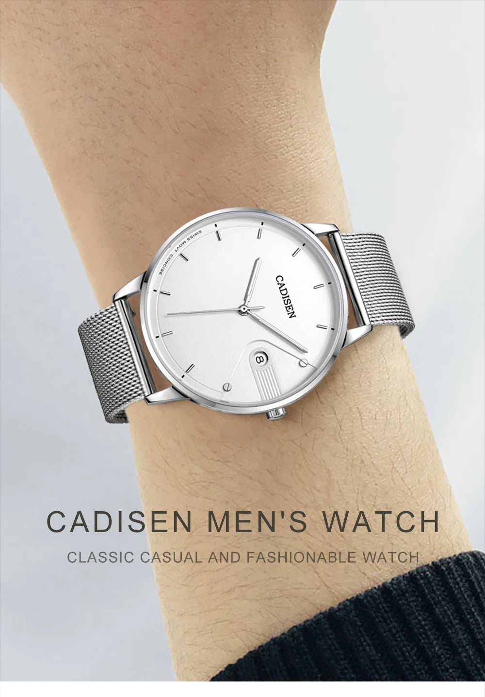 CADISEN Swiss Ronda 715 Quartz Watch Mans 7MM Ultra-thin Dial Sapphire Luminous Stainless Steel Milano Mesh Strap Watches Men