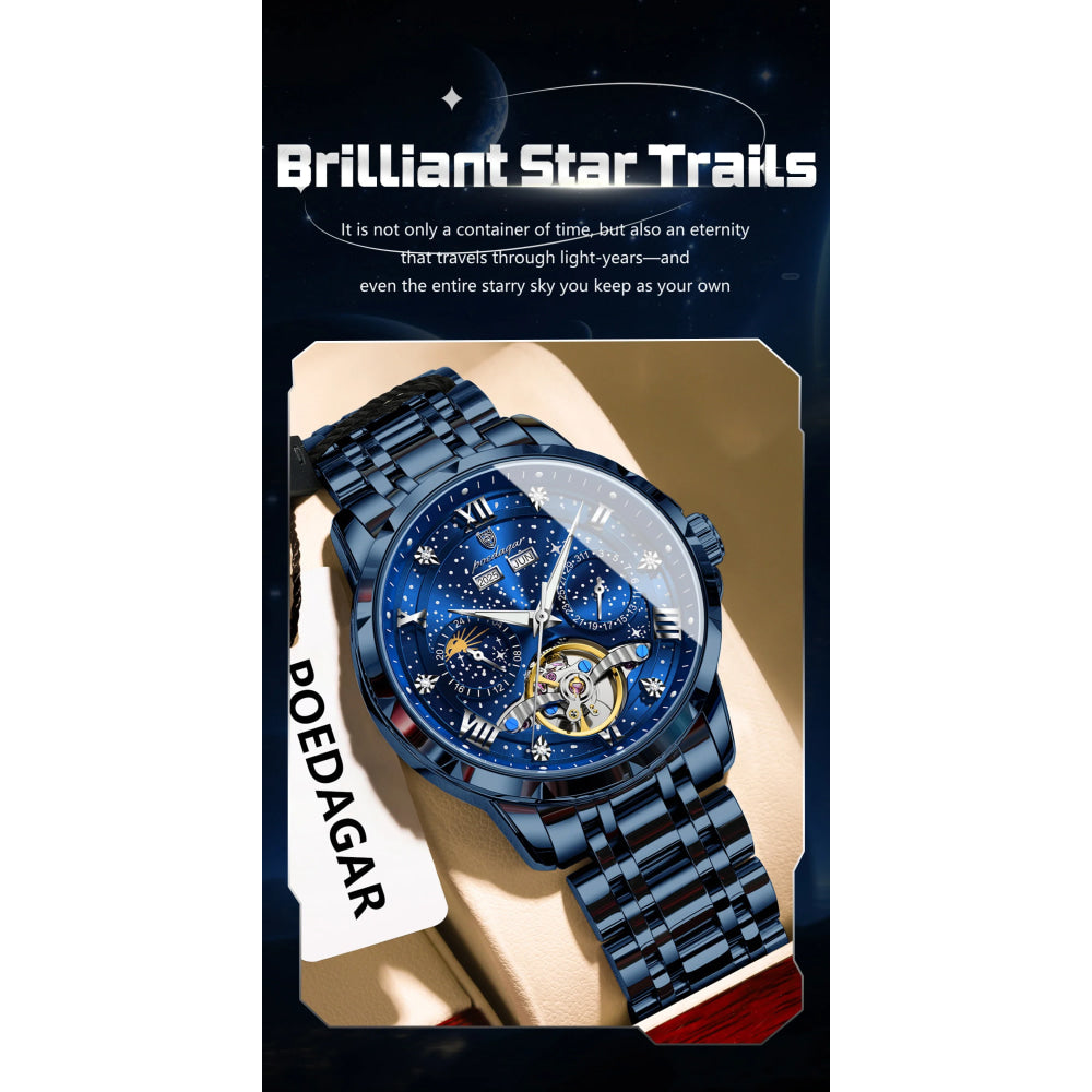POEDAGAR Luxury Men Wristwatch Fashion Date Hollow Tourbillon Man Clock Automatic Mechanical Stainless Steel Men's Watches Reloj