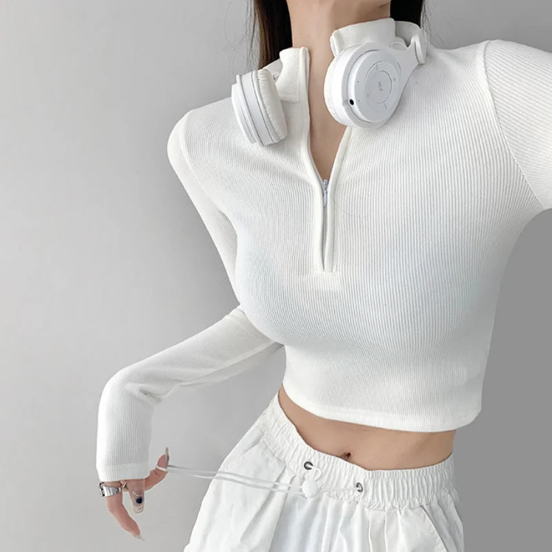 Solid Color Casual T-shirt Women Long Sleeve Turtleneck Crop Tops Sexy Simple Style Party Club 2023 Spring Summer New T-shirts