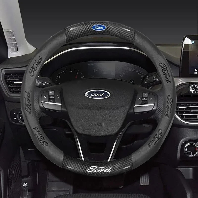 For Ford Mondeo Focus Raptor Puma Edge Explorer Ecosport Ranger F150 Kuga Car AntiSlip Carbon Fiber Leather Steering Wheel Cover