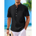 2025 autumn cross-border men's cotton and linen stand collar short sleeved shirt, loose casual Henley shirt for men