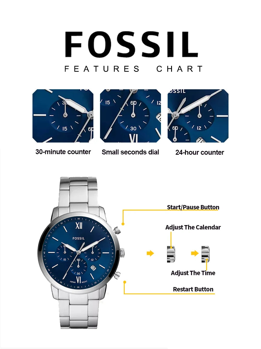 FOSSIL FS5792 Mens Quartz Watch 44mm Blue Sunray Dial Stainless Steel Chronograph Sport Business Wristwatch Relogio Masculino