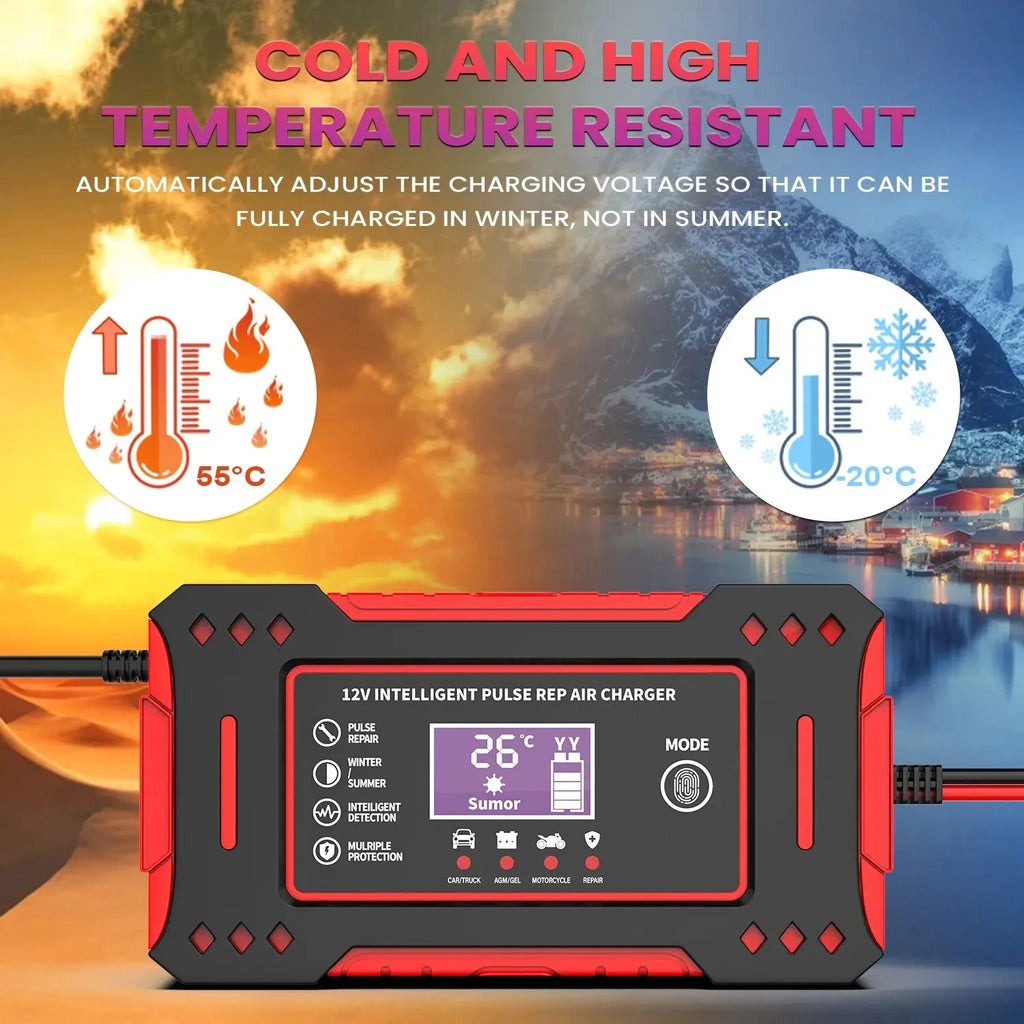 Cargador Unidad de carga de batería de coche y motocicleta Reparación de batería de plomo-ácido Pantalla LCD 6A 12V Batería de coche inteligente
