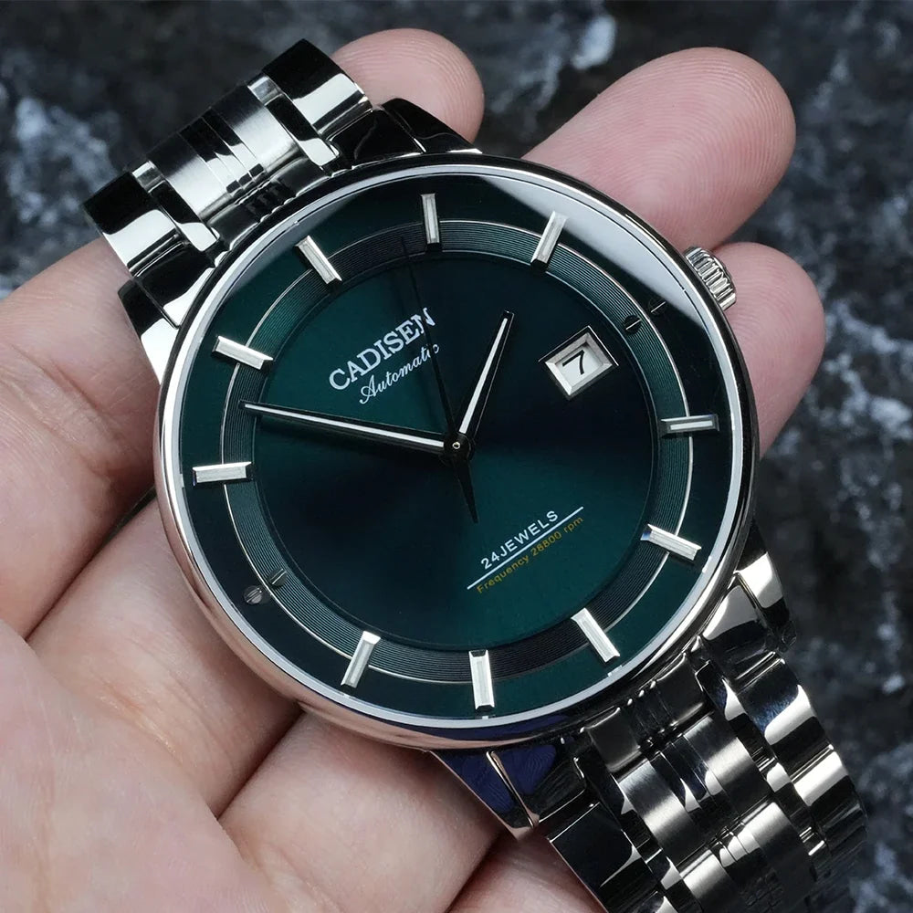 CADISEN Automatic Mechanical Ultra-thin Wriswatch MIYOTA 9015 Top Brand Luxury Curved Single-dome Sapphire Crystal Watch Man