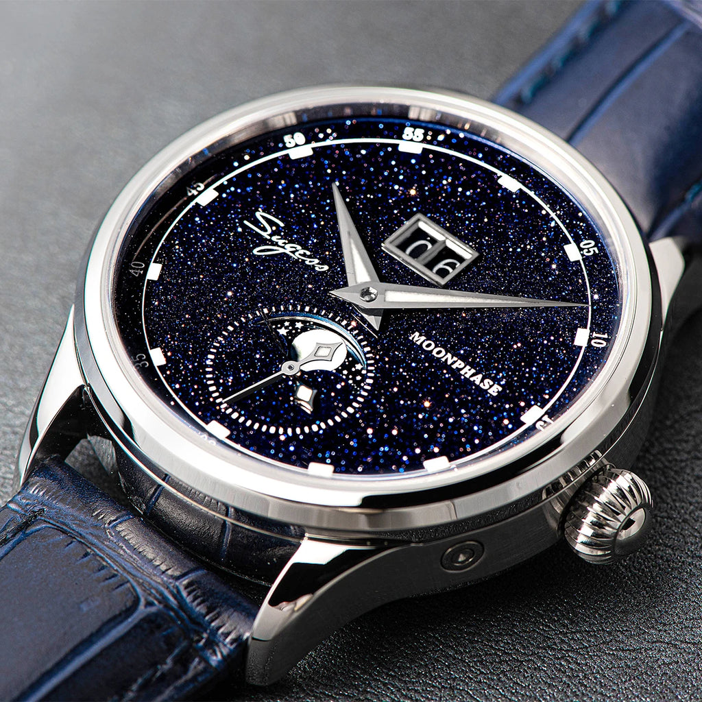 Sugess Moonphase Watch of Men 40mm Automatic Mechanical Wristwatches Origin ST2528 Movement Stainless Steel Blue Sandstone Dials