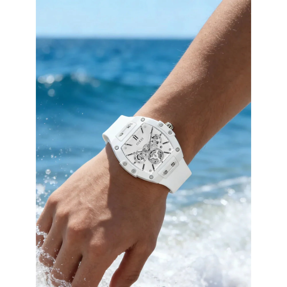 GUESS Watches for Men Original Luxury Skeleton White Tonneau Multifunction Quartz Chronograph Silicone Strap Fashion Sport Wrist