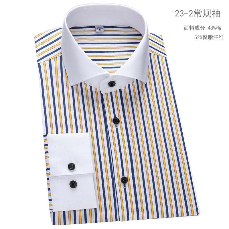Men's French cufflink shirt with slim fit and contrasting color collar, Windsor collar, striped formal long sleeved shir