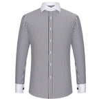 Men's French cufflink shirt with slim fit and contrasting color collar, Windsor collar, striped formal long sleeved shir
