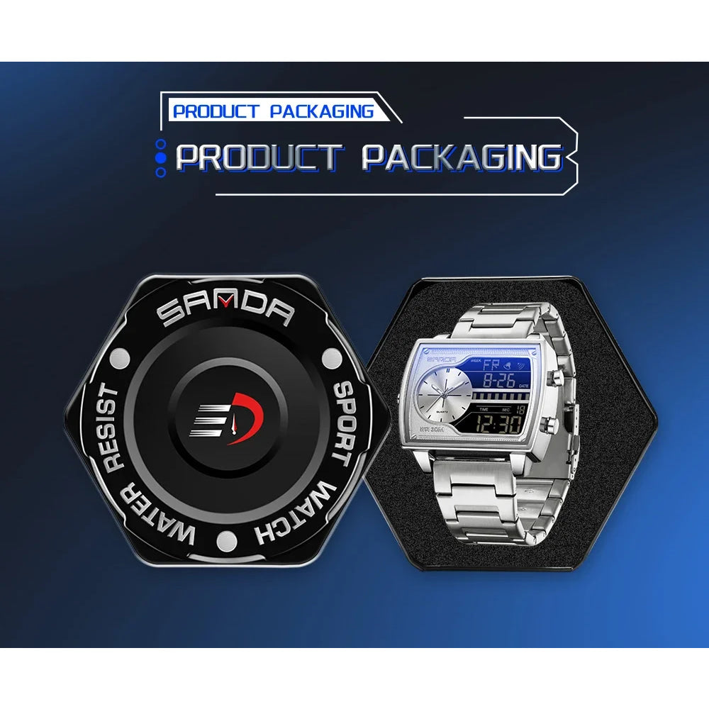 SANDA 6163 Fashion Trend Men's Quartz Watch Fashion Square Watch Countdown Sports Waterproof Dual Display Digital Men's Watches