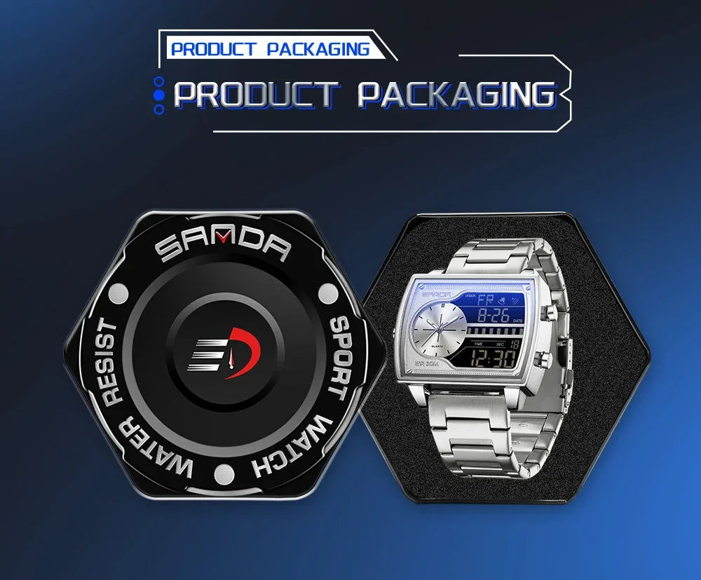 SANDA 6163 Fashion Trend Men's Quartz Watch Fashion Square Watch Countdown Sports Waterproof Dual Display Digital Men's Watches