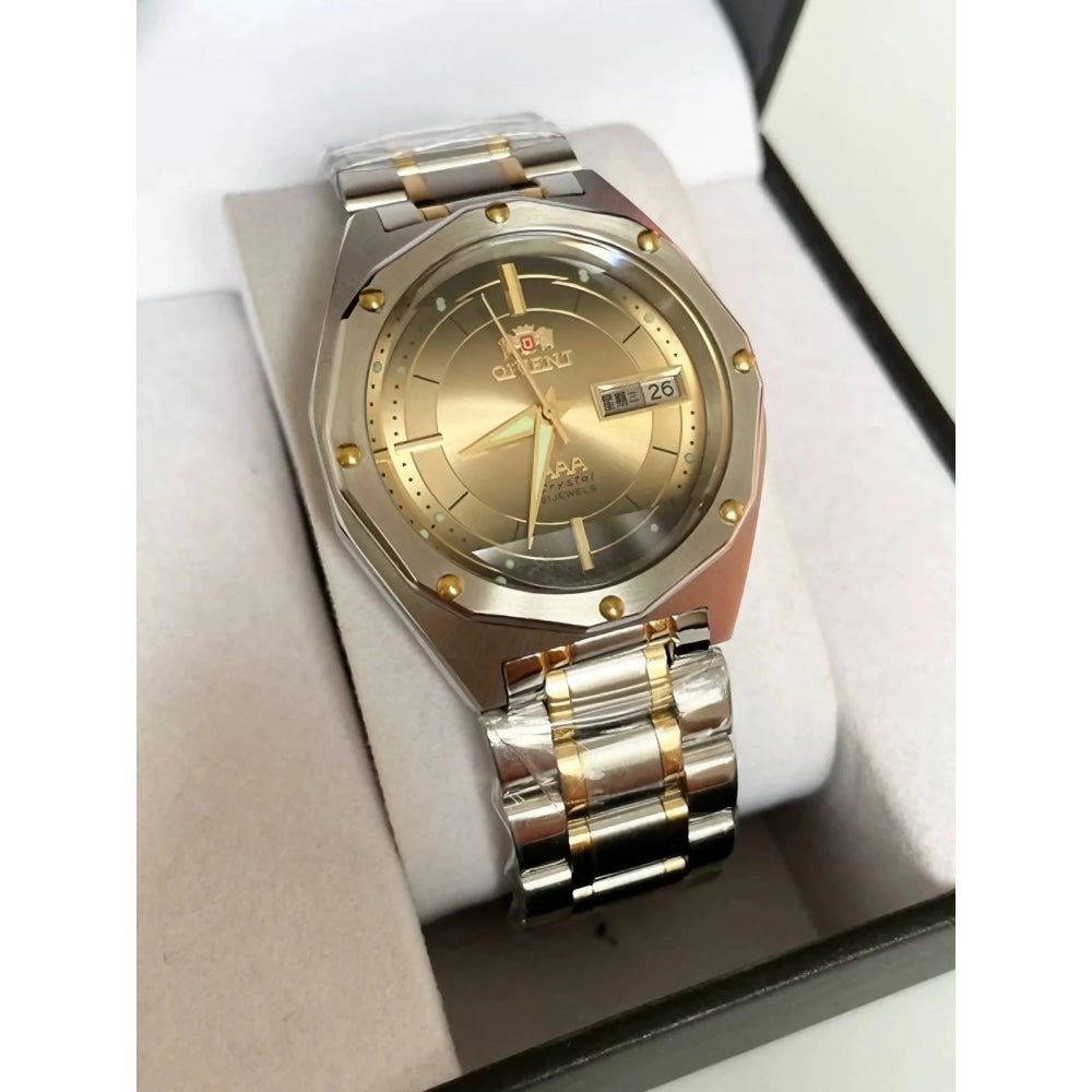 ORIENT Men's Two-Tone Stainless Steel Watch Green Dial Luminous Hands Day-Date Display AAA Crystal Analog Wristwatch